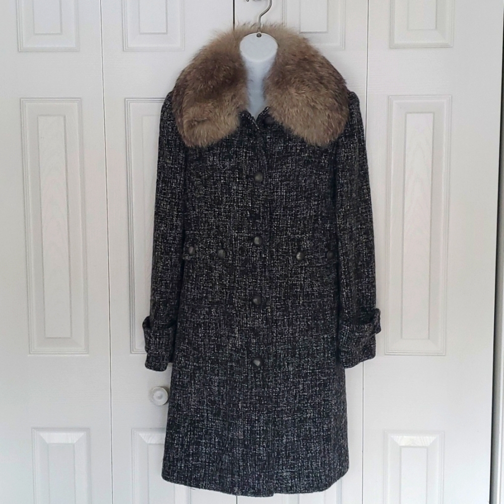 Express | Wool-Blend Tweed Coat with Removable Fur Collar Sz M